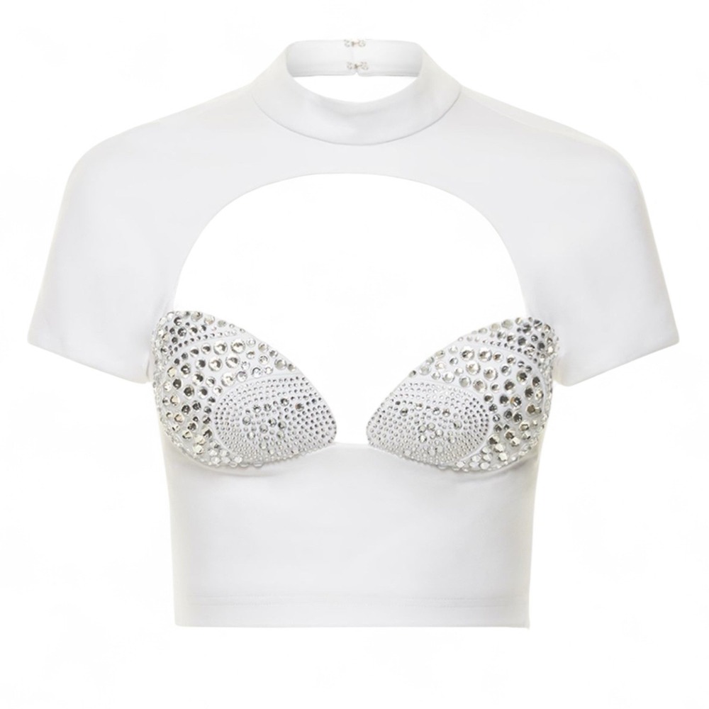 AREA Women's Crystal‎ Embellished Bustier Top Large White Mock Neck Stretch